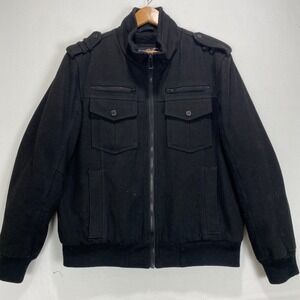Black Rivet Men's Wool Blend Bomber Jacket Size L Military Pockets Zip Front